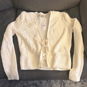 LOFT Cream Ribbed Tie-Front Cardigan Sweater